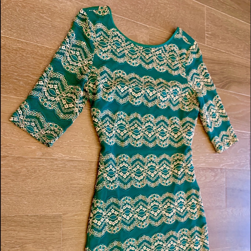 Gianni Bini Green Gold Fitted Holiday Stripe Dress